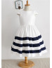 Ivory Navy Blue Taffeta Stripes Knee Length Flower Girl Dress